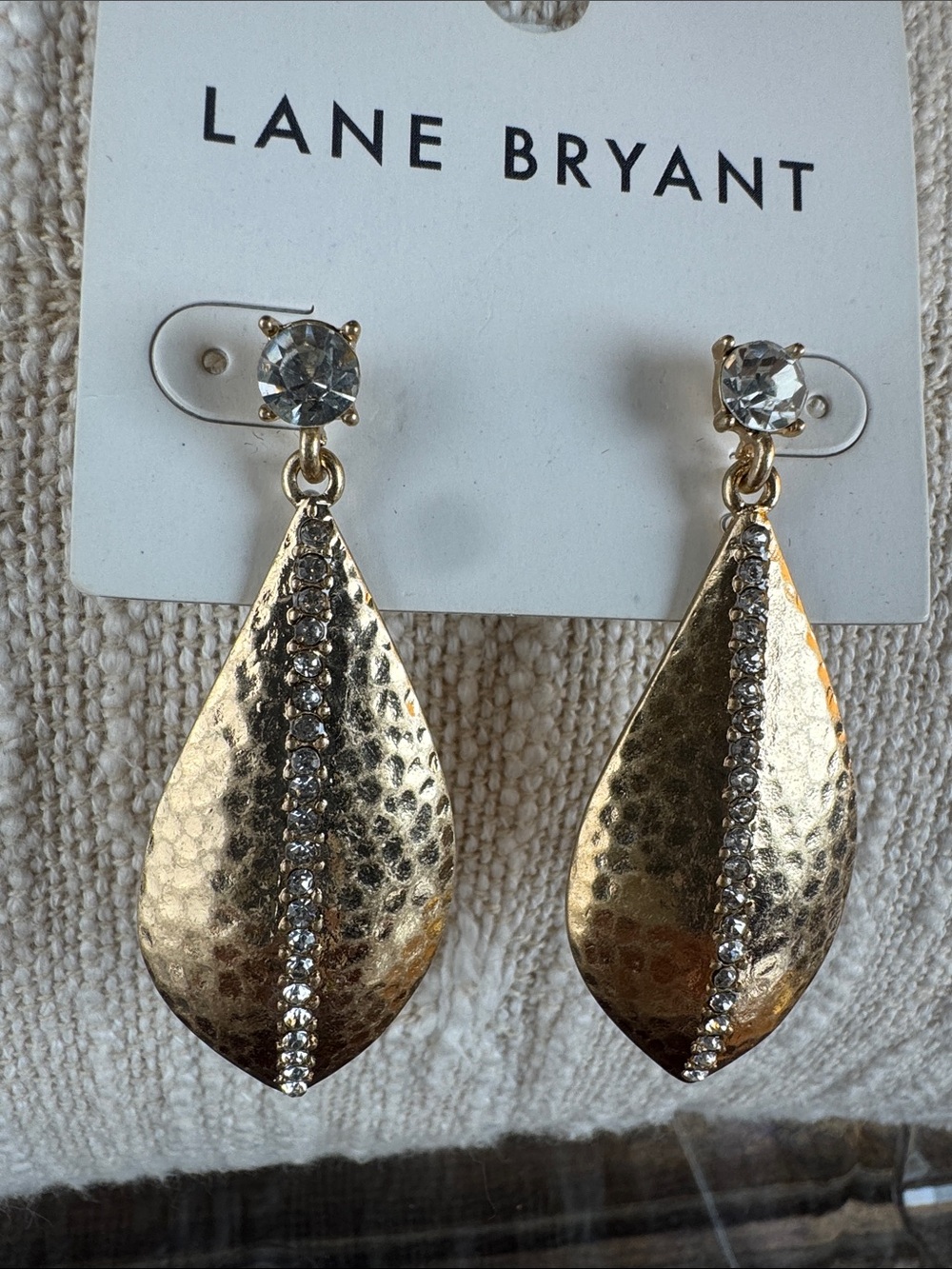 0675-Lane Bryant Gold Hammered Teardrop Dangle Earrings with Clear Crystals